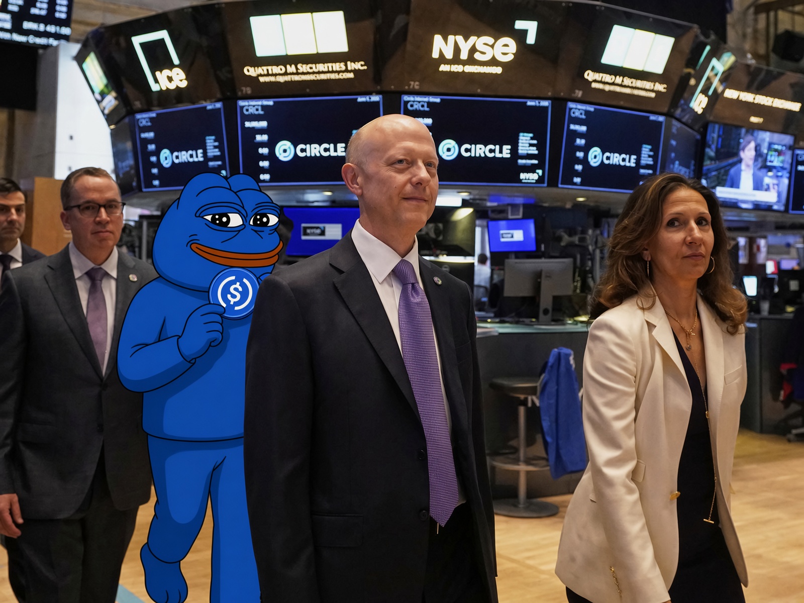 Blue Pepe on the NYSE trading floor beside Jeremy Allaire
