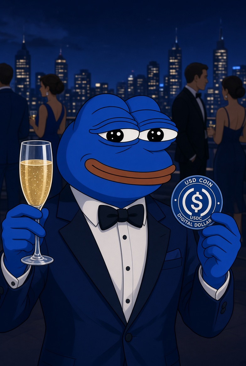 Blue Pepe with champagne and a USDC coin